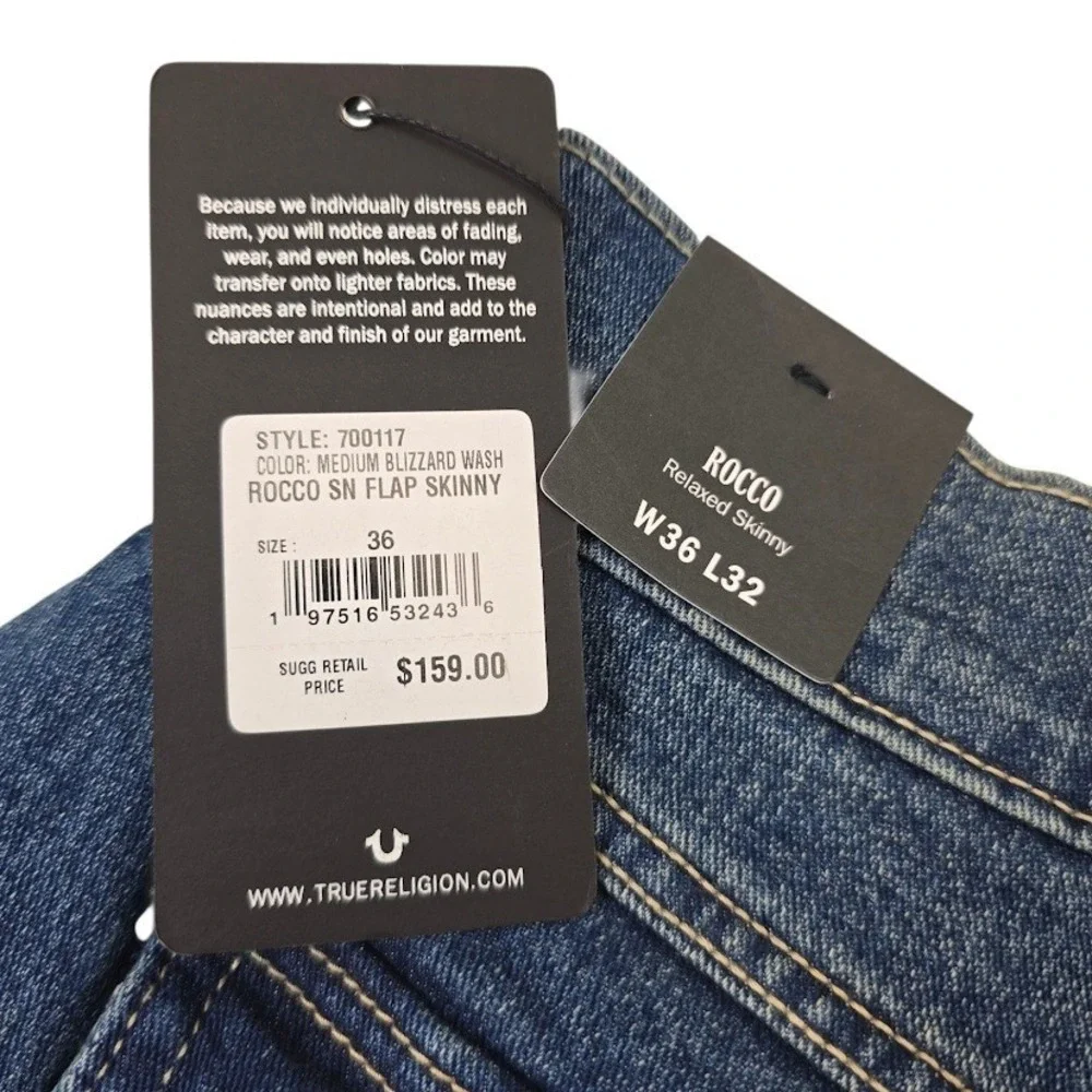 True Religion Rocco Jeans Men 36 Blue Cotton Relaxed Skinny Flap Pocket Designer